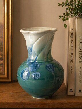 Signed Studio Pottery Vase Crystalline Glaze Blue Green Art Pottery Handmade